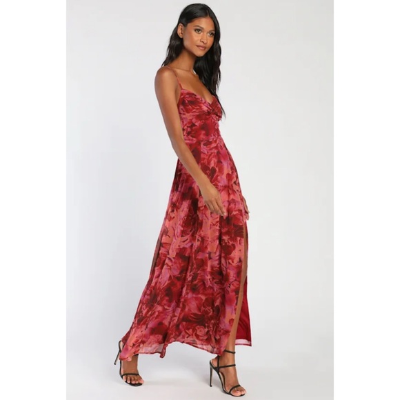 Lulu's Beautiful Soul Burgundy Floral Print Twist-Front Maxi Dress - Picture 3 of 8